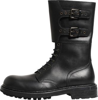 Dolce & Gabbana Black Leather Belted Buckle Combat Boots Mens Shoes