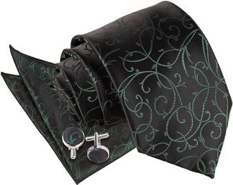 DQT Mens Swirl Patterned Black and Green Wedding Classic Tie, Pocket Square & Cufflinks Set