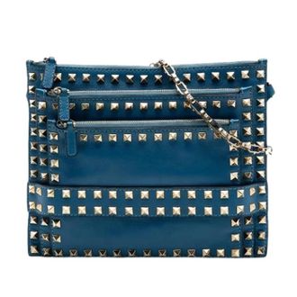 Valentino Pre-owned Studded Leather Crossbody Bag - Dames - Pre-owned - Blauw - Maat: ONE Size Leer
