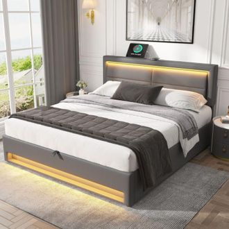 C&A Gray Upholstered Double Bed 135x190cm with USB Port,LED Lighting,and Storage-Mattress Not Included