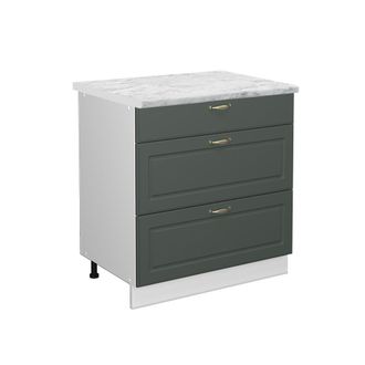 Vicco Mueble Bajo De Cocina Fame-line, Verde Dorado Casa De Campo, 80 Cm Con 3 Cajones, Et M&aacute;rmol