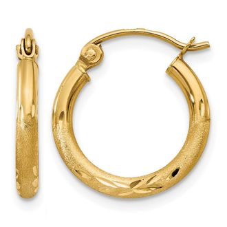 Diamond2Deal 14k Gold Satin and Diamond-cut 2mm Round Hoop Earring