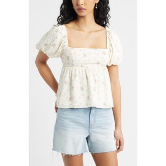 BP. Print Bubble Sleeve Babydoll Top in Ivory- Olive Field Flowers at Nordstrom, Size Xx-Small