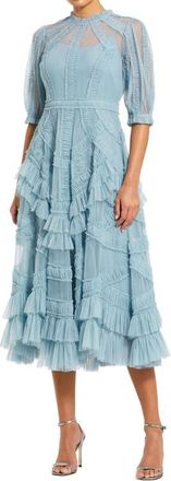 Mac Duggal High Neck Puff Sleeve Ruffle Tiered Dress in French Blue at Nordstrom, Size 14