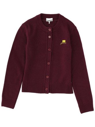 Ganni Logo-Embroidered Wool Blend Cardigan - Bordeaux