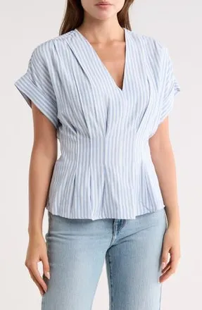 Max Studio Stripe Short Sleeve Pleated Front Top in Blue Conductor Stripe at Nordstrom Rack, Size X-Large