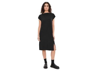 Eileen Fisher Funnel Neck Dress Womens Dress Black : LG, Elastane/Lyocell/Tencel