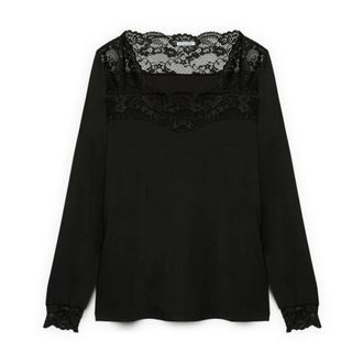 Fiorella Rubino Overhemden, Dames, Zwart, M, Nylon, T-shirt met lange mouwen en kanten inzetstuk