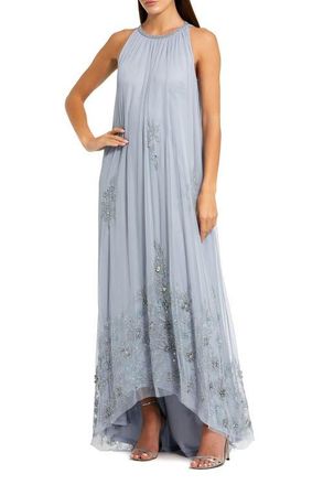 Mac Duggal High Neck Floral Embellished Trapeze Gown in Powder Blue at Nordstrom, Size 14