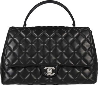 Chanel Vintage Classic Top Handle Flap Quilted Lambskin Black Leather Handbag (Pre-Owned)