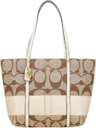 Coach Pre-owned Tote Bags, female, Beige, Size: ONE SIZE Pre-owned Signature Canvas Leather Shoulder Tote Bag