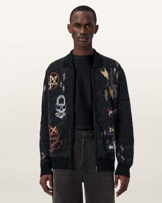 AllSaints Cotton Meller Zip Up Jacquard Cardigan, Size: XXL