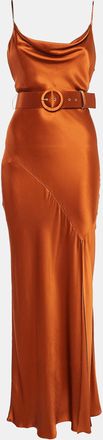 Nicholas Brown Satin Cowl Neck Belted Maxi Slip Dress