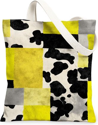 Generic Modern Geometric Canvas Tote Bags, Stylish Color Block Pattern Reusable Grocery Bags, Lightweight Washable Shoulder Strap C, Yellow, 13x15 Inch