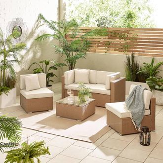 Furniturebox Orlando 4 Seat Modular Outdoor Garden Rattan Sofa in Light Beige