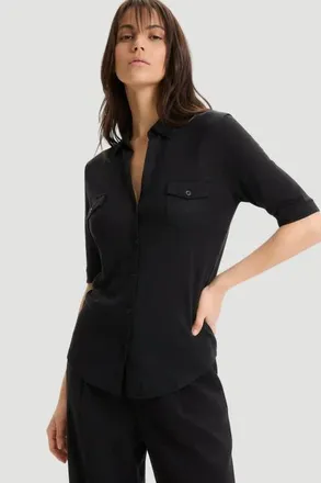 Majestic Filatures Stretch Linen 3/4 Sleeve Pocket Shirt in Noir at Nordstrom, Size 1