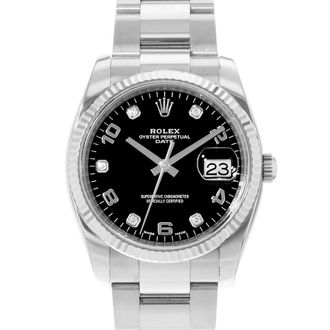 Rolex Pre-owned Rolex Oyster Perpetual Date 34 Automatic Chronometer Diamond Black Dial Mens Watch 115234 BKDO