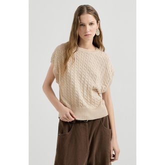 Brunello Cucinelli Sparkling cotton cable knit sweater in Sand at Nordstrom, Size X-Small