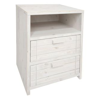 NATYAL Mesita de noche de madera maciza con 2 cajones blanco envejecido 40cm