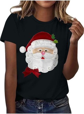 Generic Christmas Tops for Women Xmas Tshirts Cute Santa Claus Graphic Tees Short Sleeve Shirts Round Neck Trendy Casual Blouses Xmas Holiday Pullover Tops St