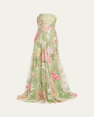 Naeem Khan Strapless Floral Embroidered Tulle Gown