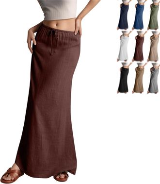 Generic Linen Maxi Skirts for Women, 2025 Summer Drawstring Waist A Line Skirts, Casual Loose Cute Vacation Long Skirts (Red,S)