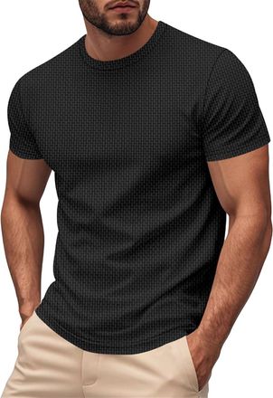 Generic Crew Neck T Shirt Men Knit Textured Short Sleeve Gym Muscle Athletic Casual Summer Big and Tall Tshirts Trendy Crewneck Shirt Black