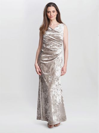 Gina Bacconi Womens Talia Crushed Velvet Maxi Dress - Beige - Size 10 UK