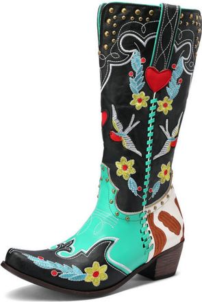 Generic Womens Block Heel Western Cowboy Boots Square Toe Knee High Boots with Rivet Pull on Long Boot with Embroidery Stitched,Green,3.5 UK