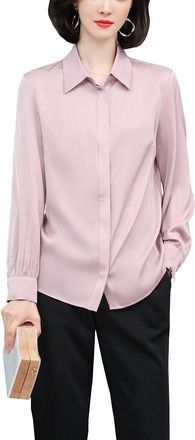Dissa Womens Pink Silk Blouses Button Down Shirts Top Solid Long Sleeve Lapel Blouse,XXL,S3396