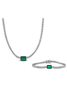 Delmar Lab-Created White Sapphire & Lab-Created Emerald Tennis Necklace & Bracelet Set in Green at Nordstrom Rack