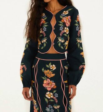 Farm Rio Maira Long Sleeve Top In Dark Blue