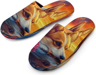 Generic Corgi Dog Beach Mens Cozy Memory Foam Slippers Warm Cotton House Shoes Comfy Slipper for Indoor Outdoor