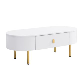 Urban Meuble Mesa de centro ovalada blanca con cajones y patas doradas