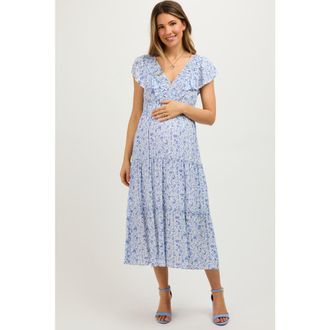 Pinkblush Floral Front Ruched Ruffle Shoulder Tiered Midi Dress in Blue at Nordstrom, Size Medium