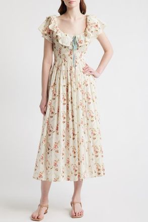 D&ocirc;en Illiana Smocked Tiered Organic Cotton Maxi Dress in Blanc Prarie Rose at Nordstrom, Size Xx-Large