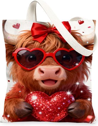 Generic ValentineS Day Cute Animal Canvas Tote Bags, Cow Heart Pattern Reusable Grocery Bags, Fun Lightweight Washable Shoulder St, Red, 13x15 Inch