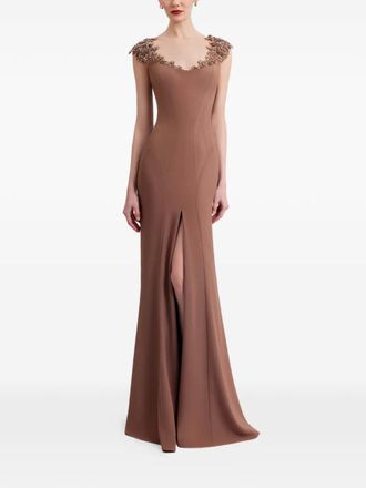 Gemy Maalouf beaded-neckline dress - women - Fabric - 6 - Brown