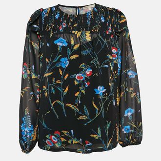 Maje Black Floral Print Crepe Smocked Top