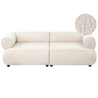Beliani Sof&aacute; De 3 Plazas Tapizado De Boucl&eacute; Reposabrazos Enrollados Asiento Capiton&eacute; Dise&ntilde;o Moderno Blanco Crema Salla