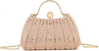Girly HandBags Beaded Evening Clutch Purse for Women with Pearl Handle and Chain Strap - Wedding, Party, Prom Handbag Medium Rose Gold