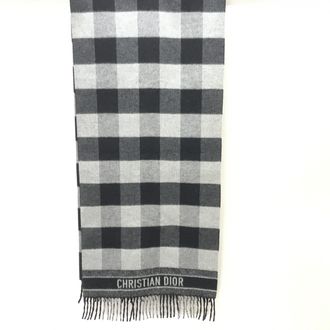 Dior Gray Checkered Fringed Wool Womens Scarf (Pre-Owned)