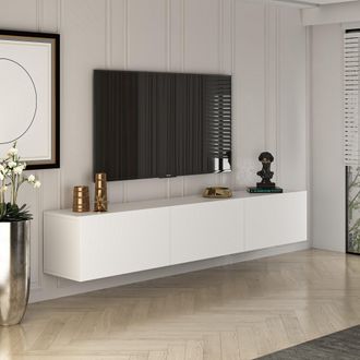 Dmora Mueble Para Tv Saonara, 3 Puertas, 3 Compartimentos, Apertura Abatible, 150x32x30h Cm Blanco