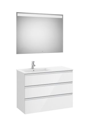 Roca Roca - Conjunto De Mueble 3 Cajones, Lavabo Y Espejo Con Led The Gap Color: Blanco Brillo