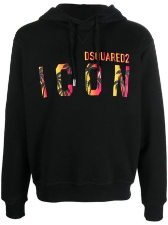 Dsquared2 Mens Icon Tropical logo printed Hoodie in Black material_cotton - Size Medium