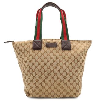 Gucci Beige Dark Brown Green Red Color Nylon Canvas Leather Shoulder Bag Tote Bag (Pre-Owned)