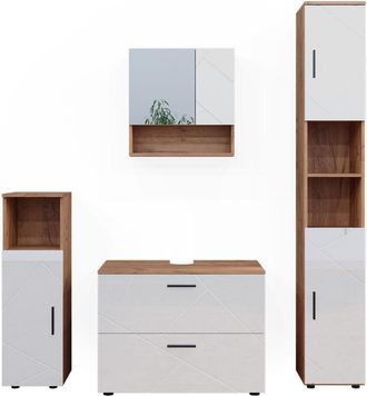 Vicco Conjunto De Muebles De Ba&ntilde;o Irma, Blanco Brillo Intenso/roble Dorado, 4 Piezas, Con Cajonera Y Armario Alto