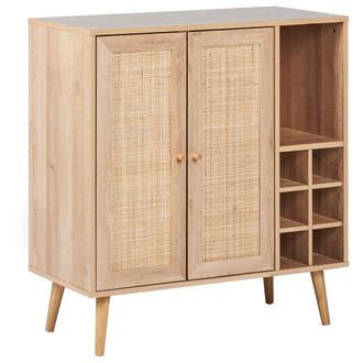 Beliani Aparador 2 Puertas De Rat&aacute;n Frente De Mimbre Con Estante Botellero De Estilo Boho Almacenaje Madera Clara Paget