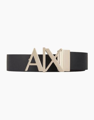 A|X Armani Exchange Mens Gold AX Buckle Reversible Black/Navy Leather Belt