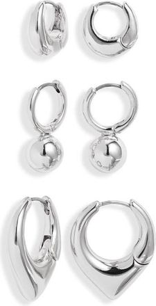 Open Edit Set of 3 Geometric Huggie Hoop Earrings in Silver at Nordstrom